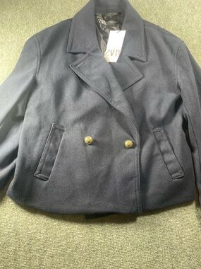 ZARA Navy Double-Breasted Pea Coat with Gold Buttons